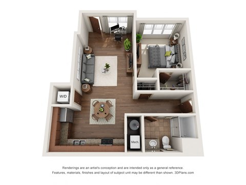 Floor plan for 1 bed, 1 bath, 865 sqft